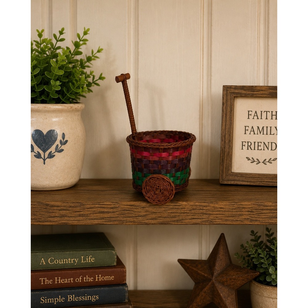 Vintage Miniature Wicker Cart Basket Woven Colorful Stripe Decorative Trinket